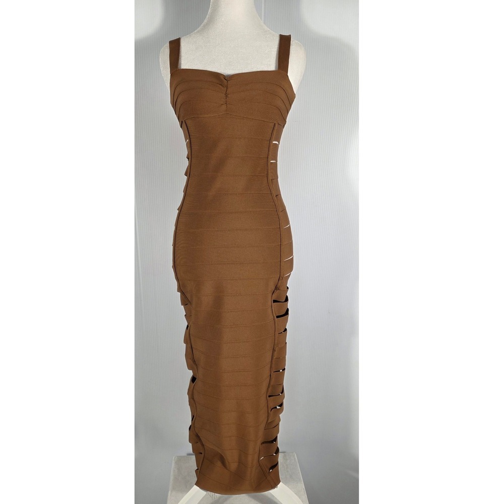 Fashion Nova Brown Bandage Cutout Midi Dress Spaghetti Strap Bodycon Women's S - Picture 6 of 8